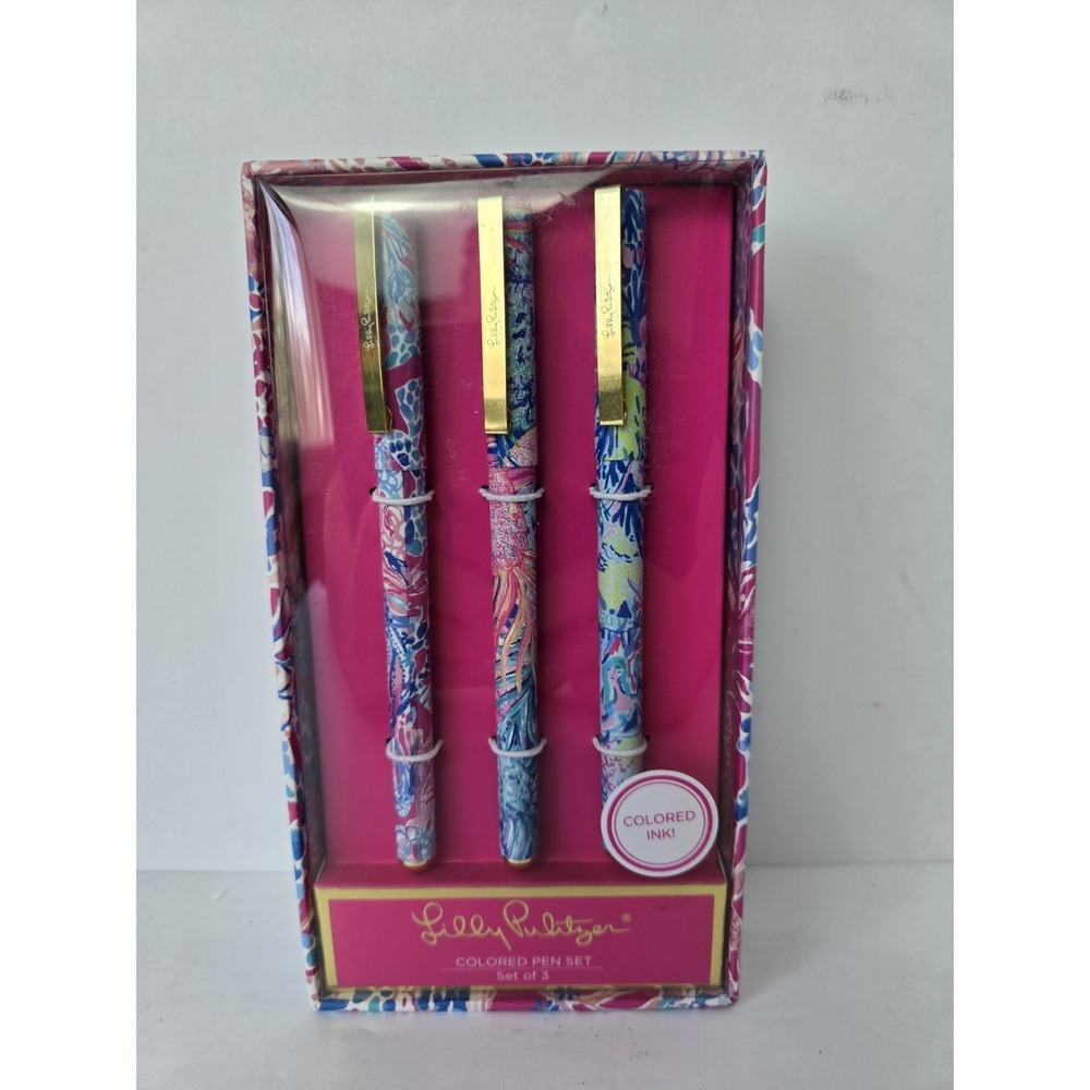 Lilly Pulitzer Colored Pen Set of 3 Tropical Floral Includes Pink/Blue/Green Ink